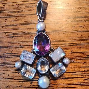 Shankari handcrafted sterling silver pendant with amethyst, moonstone, and pearl